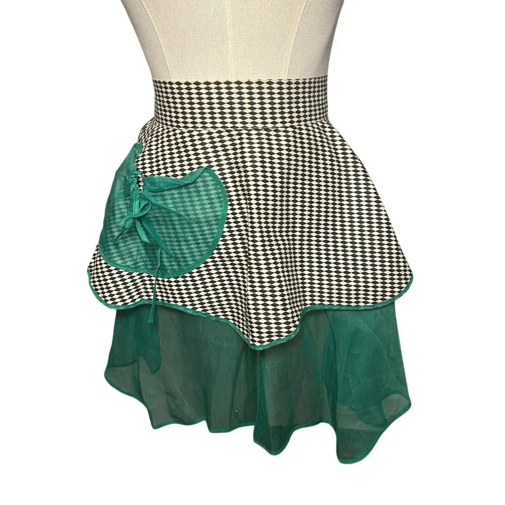 Vintage1950s Harlequin Organza Hostess Apron Green Sheer Ruffle Miu Miu Style OS